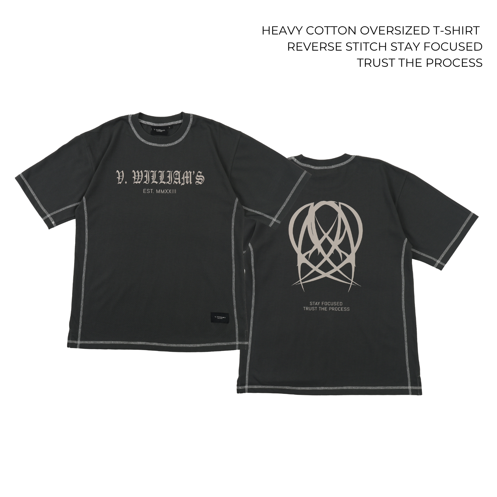 V. William's Heavy Cotton Oversized T-Shirt Reverse Stitch Graphic Front & Back Design